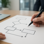 A close-up of a hand drawing a flowchart on a sheet of paper, with a laptop in the background