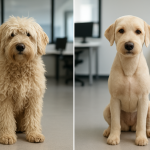 Two dogs before grooming: one fluffy and unkempt, the other smooth and clean.